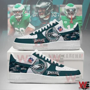 Green and white Philadelphia Eagles sneakers with team logos and player images in the background.