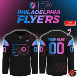 Philadelphia Flyers NHL Cyberpunk Warm Up Hockey Limited Edition 2026 Jersey, Hoodie 9 Philadelphia Flyers black jersey with neon logo and custom name area!