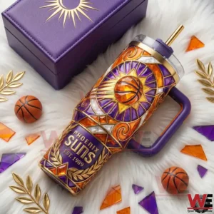 Purple and gold Phoenix Suns basketball tumbler with decorative stained glass style design!