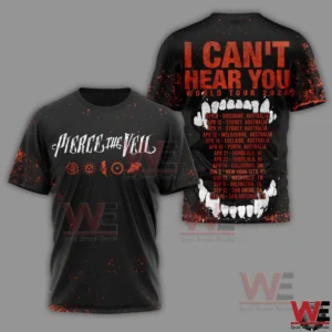 Black rock band shirt with large back text and dramatic graphic!