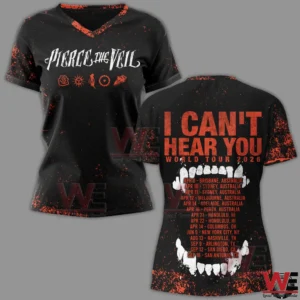 Black v neck shirt with Pierce The Veil logo and tour style back design!