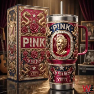 Pink and gold ornate tumbler with handle and straw next to a matching decorative box!