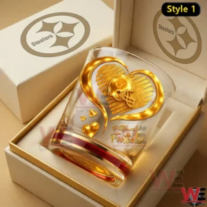 Gold Pittsburgh football themed whiskey glass with heart and helmet design in a gift box!