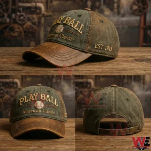 Vintage Play Ball American Classic baseball cap displayed on a wooden table!