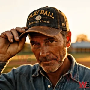 Man wearing Play Ball American Classic baseball cap at sunset outdoors!