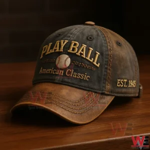 Close up of Play Ball American Classic baseball cap on wooden surface!