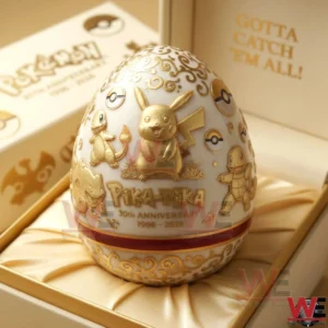 Decorative Pokemon anniversary egg with gold designs and character engravings!