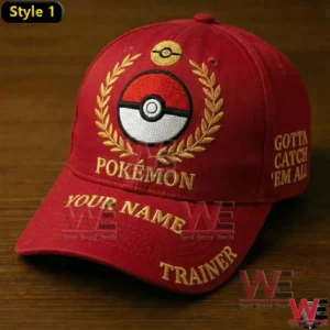 Red Pokemon trainer cap with Pokeball emblem and gold laurel embroidery!