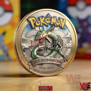 Front view of a Pokemon thirtieth anniversary commemorative coin featuring Mewtwo with glowing energy!