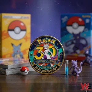Pokemon Mewtwo display coin standing on a table with cards and small figures in the background!