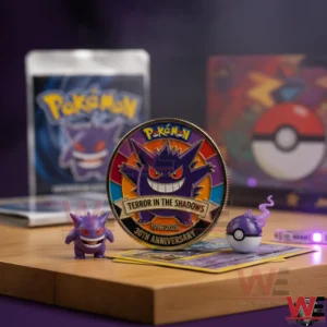 Pokemon Gengar display coin placed on a wooden stand with cards and purple themed items!