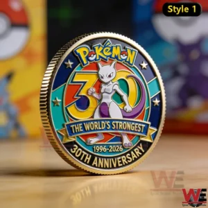 Close up of a Pokemon Mewtwo display coin with colorful design and gold edges!