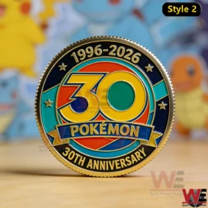 Back view of a Pokemon display coin with a colorful logo and gold rim!