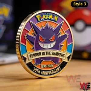 Close up of a Pokemon Gengar display coin with purple character art and gold edge!