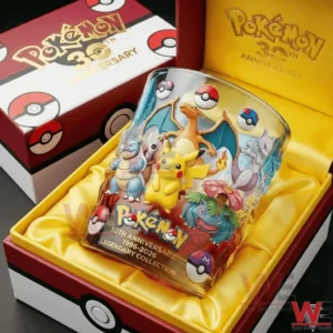 A Pokemon anniversary glass with character artwork displayed in an open gift box!
