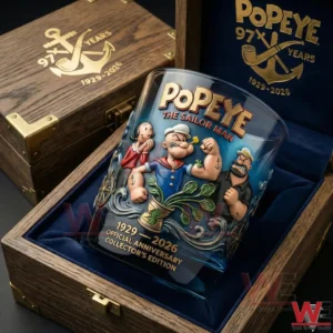 Popeye themed commemorative glass inside a wooden presentation box with nautical design!