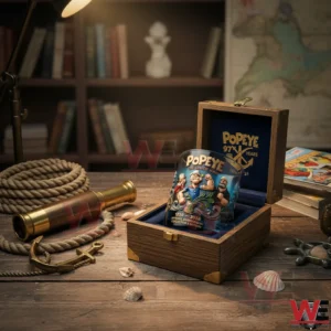 Popeye commemorative glass in wooden box displayed on a nautical themed table!