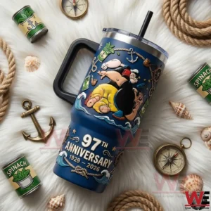 Insulated tumbler with Popeye sailor artwork and nautical theme celebrating the ninety seventh anniversary!