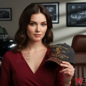 Woman holding a Porsche anniversary cap in a car showroom!