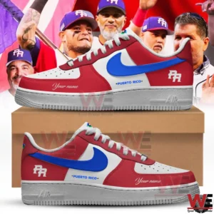 Red white and blue Puerto Rico themed custom sneakers with baseball player background!