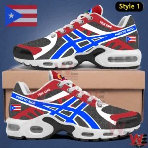 Red white and blue Puerto Rico themed sneakers with customizable name on the side displayed on a box!