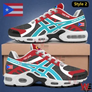 Teal red and white Puerto Rico themed sneakers with custom name detail on display box!