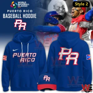 Blue Puerto Rico baseball hoodie with large PR logo and matching cap.