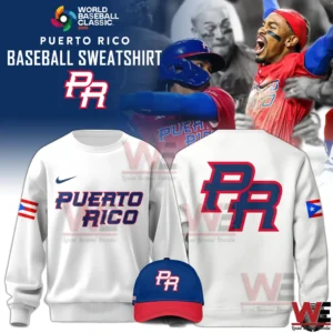 Puerto Rico baseball sweatshirt with PR logo and matching cap.