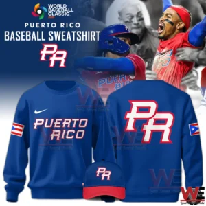 Blue Puerto Rico baseball sweatshirt with large PR logo and cap.