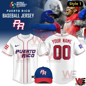 White Puerto Rico baseball jersey with custom name and number and matching blue red cap.
