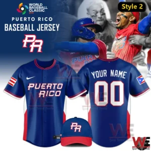 Blue Puerto Rico baseball jersey with custom name and number and matching blue red cap.