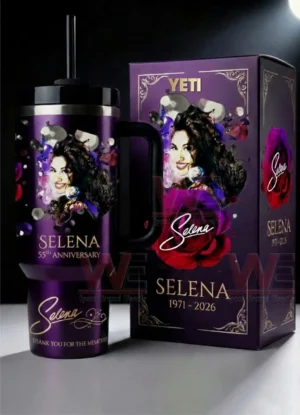 Purple Selena memorial tumbler with collector box on dark background!
