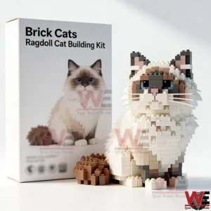 Brick built ragdoll cat model displayed next to its building kit box!