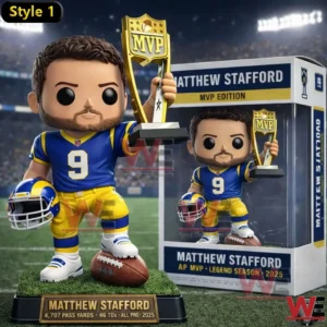 Stylized Rams quarterback figure holding an MVP trophy on a football field base!