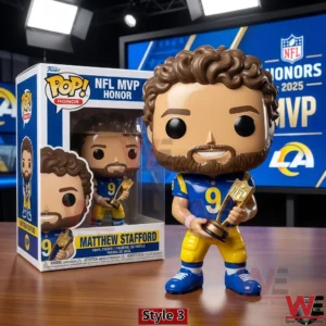 Collectible football figure holding an award in team uniform on a display table!