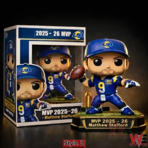 Football collectible figure in throwing pose with ball and award on display base!