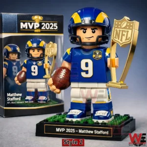 Block style football figure with helmet holding a trophy on a stand!
