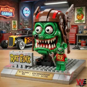 Brick display of a green Rat Fink head with winged helmet and a small RF figure on a base in a garage setting!