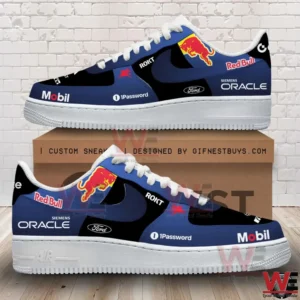 Blue and black racing themed sneakers with bull graphic and sponsor style logos shown from the side!