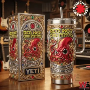 Decorative Red Hot Chili Peppers tumbler and box with octopus artwork on wooden table!