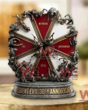 Resident Evil thirtieth anniversary statue with red umbrella emblem and surrounding character figures.