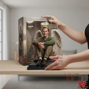 Memorial resin figurine of James Van Der Beek with angel wings and halo on display table!