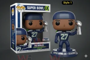 Seattle Seahawks Super Bowl LX champion figure holding a trophy beside a display box!