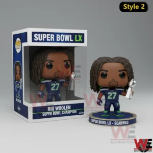 Seattle Seahawks Super Bowl LX champion figure holding a trophy with long hair!