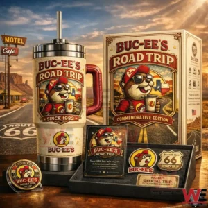 Buc ees Road Trip stainless steel tumbler with gift box and collectible cards on a display table!