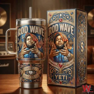 Stainless tumbler with handle and straw next to a matching ornate Rod Wave themed box!