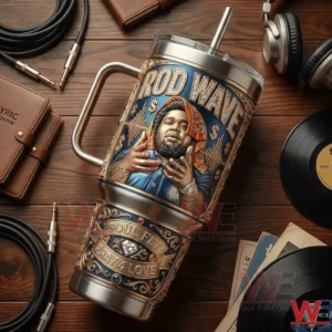 Rod Wave themed stainless tumbler lying on a wooden desk with headphones and cables!