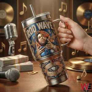 Hand holding a Rod Wave themed stainless tumbler in a music studio setting!