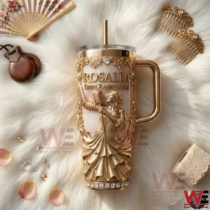 Gold ornate handled tumbler with straw showing Rosalía Crystal Flamenco Crown and a raised flamenco singer design on white fur!