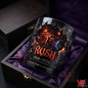 Collector edition Rush whisky glass with cosmic artwork placed inside a wooden box!